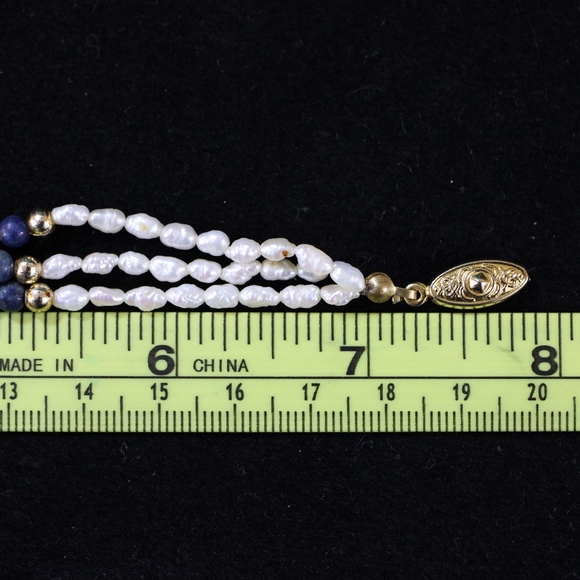 White Seed Pearl Gold Lapis Necklace Bracelet Set - Picture 7 of 8